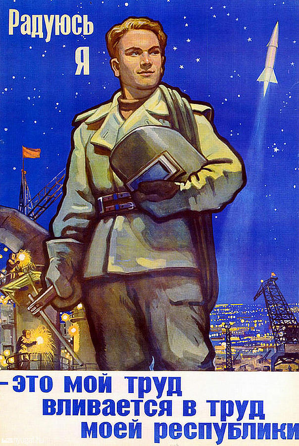 Space Painting - Happy Soviet worker and a space flying rocket by Long Shot