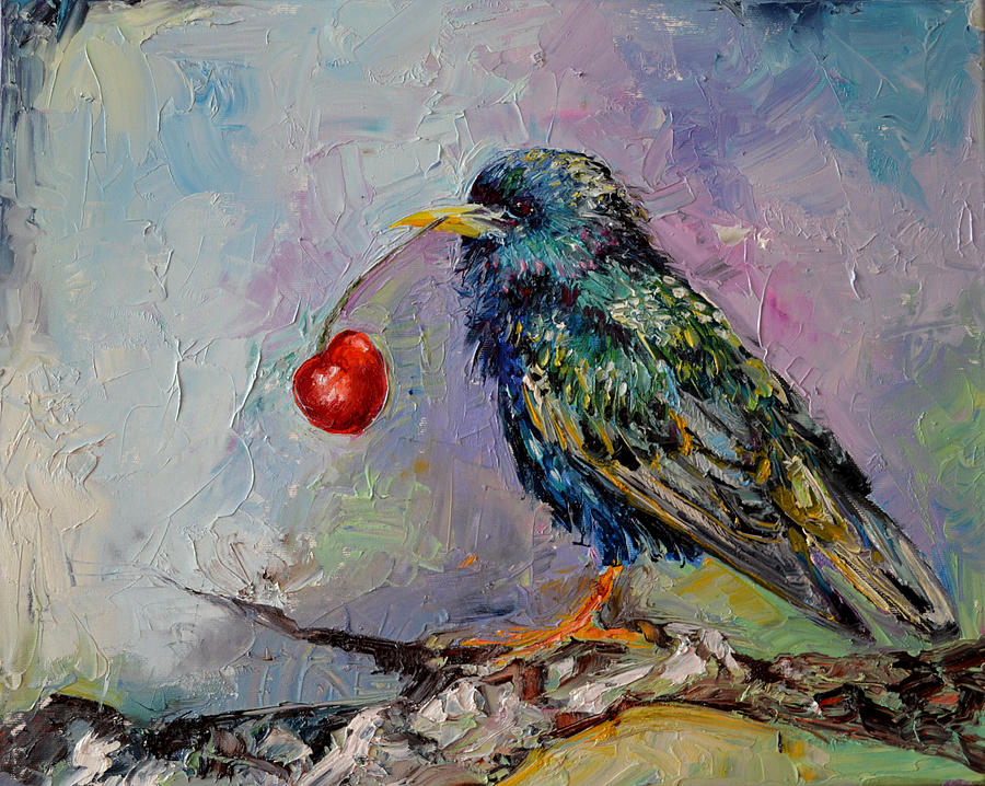 Happy Starling, Cherry and Starling Modern Original Oil Painting Painting by Soos Roxana Gabriela