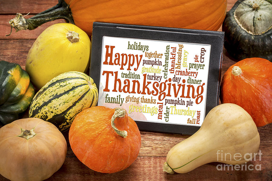 Happy Thanksgiving word cloud on tablet Photograph by Marek Uliasz