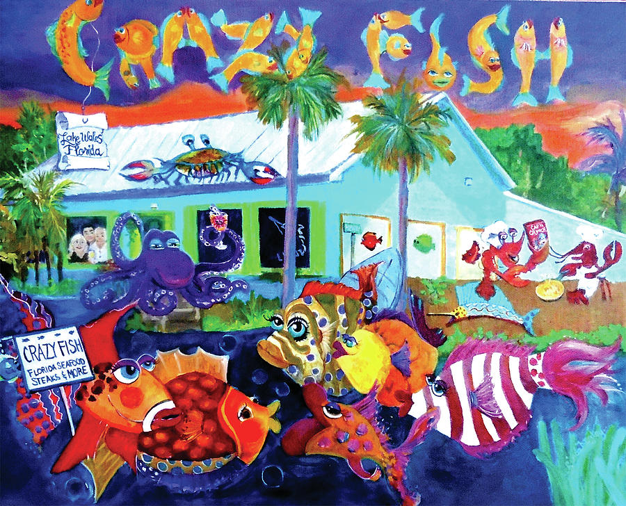 Funky Fish Painting - Happy Times At The Crazy Fish by Linda Kegley Funky Fish Painting - Happy Times At The Crazy Fish by Linda Kegley