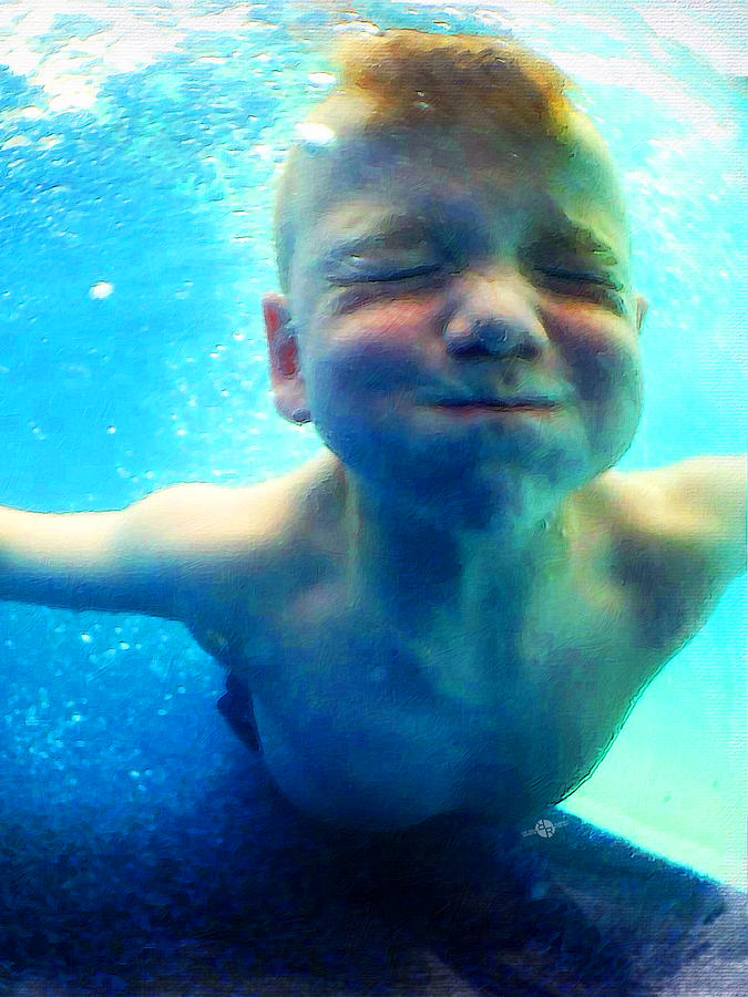 Happy Under Water Pool Boy Vertical Painting by Tony Rubino