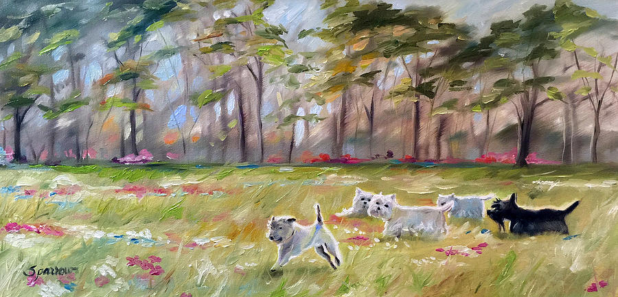 Spring Painting - Happy Wanderers by Mary Sparrow