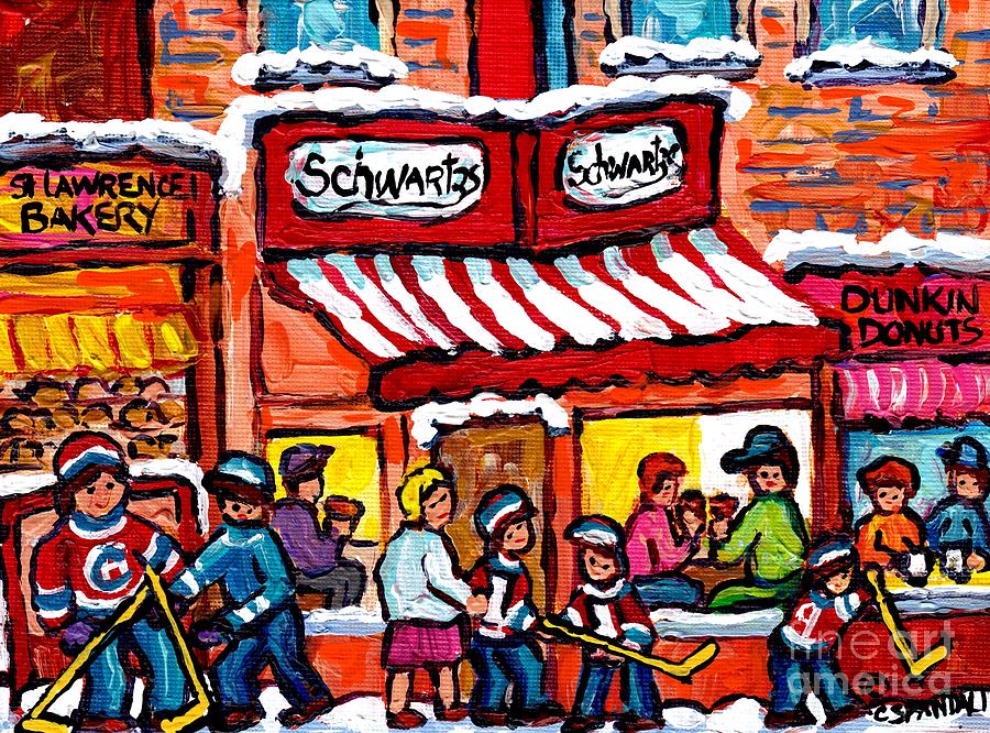 Happy Winter Day On Rue St Laurent Street Hockey Art Montreal Scene Schwartzs Deli Carole Spandau Painting by Carole Spandau