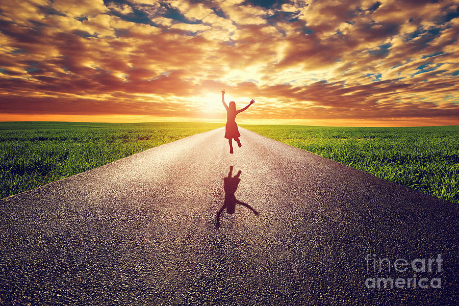 Sunset Photograph - Happy woman jumping on long straight road by Michal Bednarek