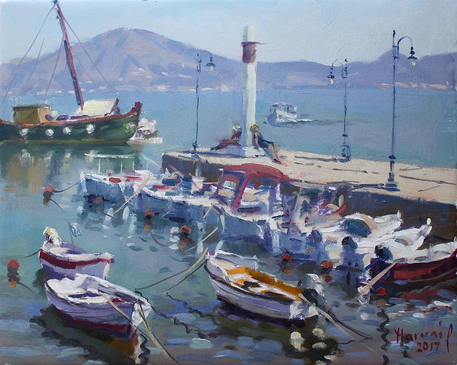 Boat Painting - Harbor at Oropos Athens by Ylli Haruni