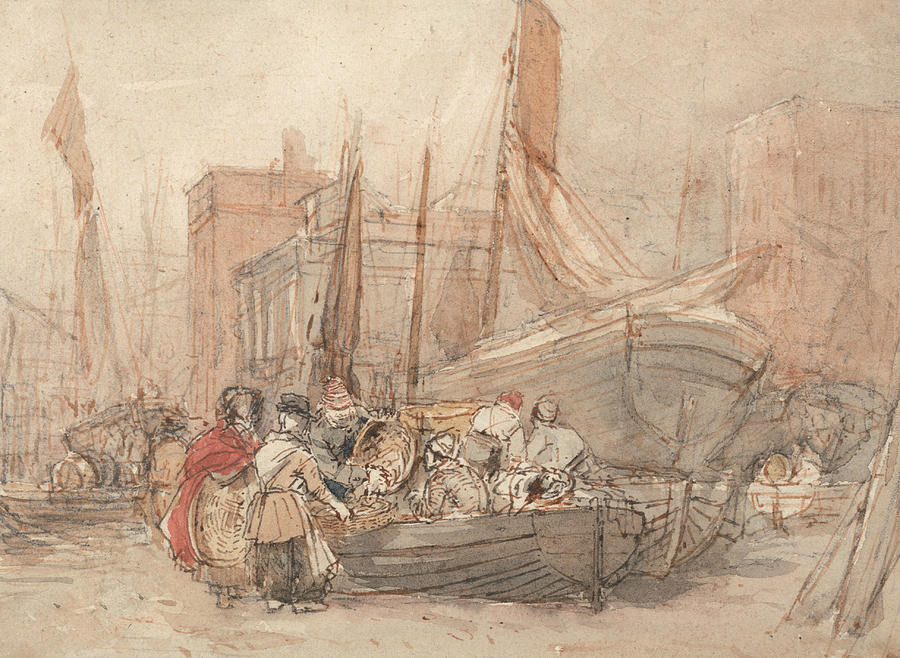 Harbor Scene, With Fishing Boats Being Unloaded Painting by David Cox