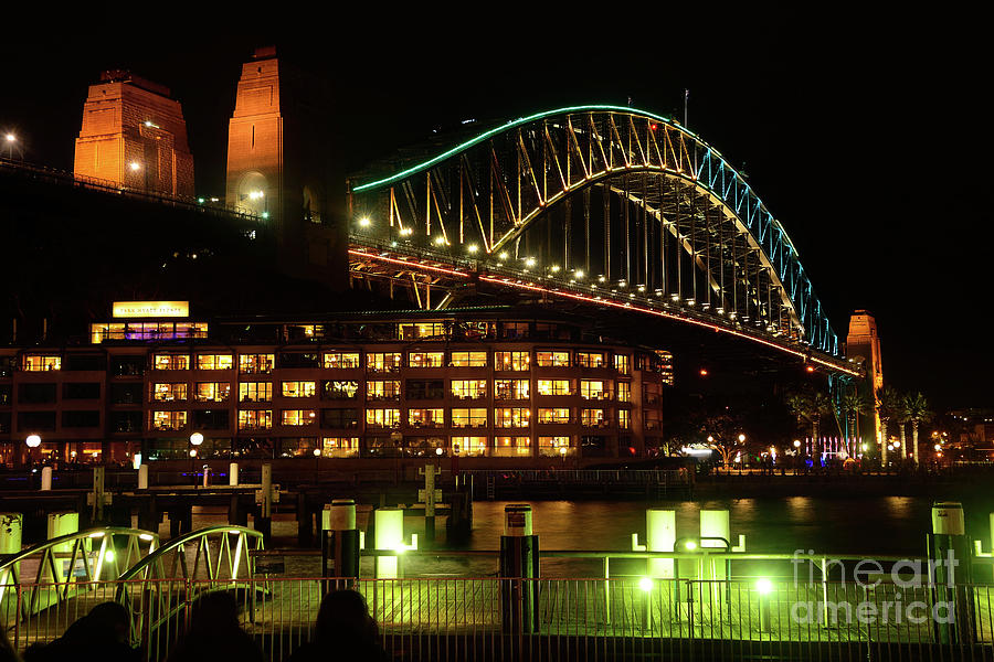 Architecture Photograph - Harbour Bridge Aqua Gold Vivid Sydney 2016 by Kaye Menner by Kaye Menner