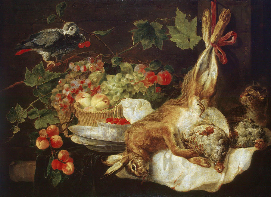 Hare, Fruit, and Parrot Painting by Jan Fyt