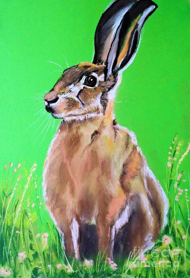Hare in Wild Flower Meadow Pastel by Angela Cartner