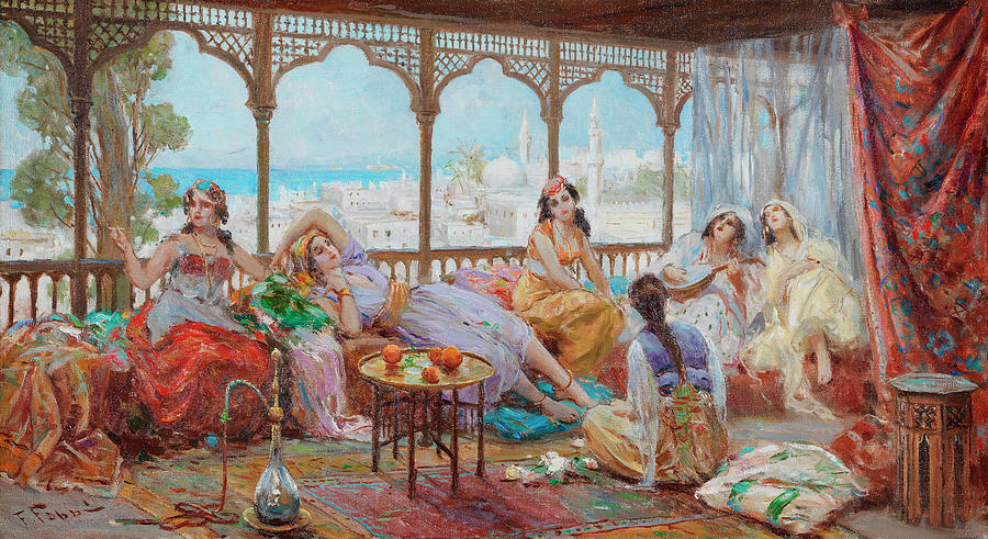 Harem Girls Resting On A Terrace The Coast Beyond Painting By Fabio Fabbi Fine Art America