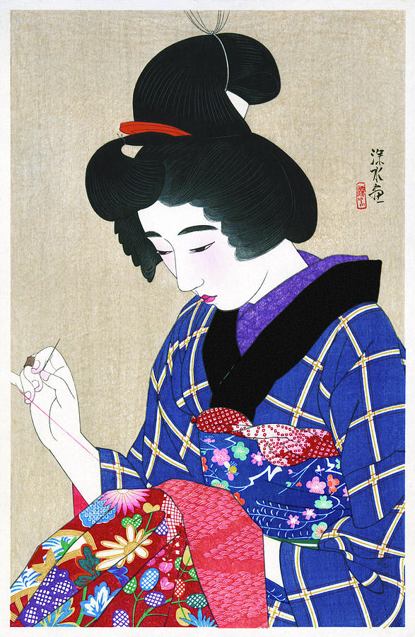 Hari shigoto, Sewing, Antique Ukiyo-e Woodblock Print by Ito Shinsui  Painting by Orchard Arts