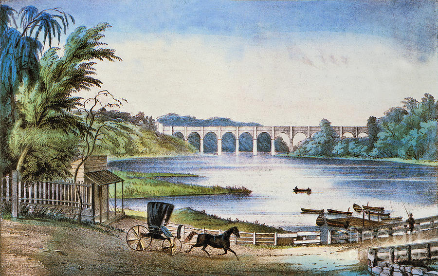 Harlem High Bridge, 1849 Painting by Granger