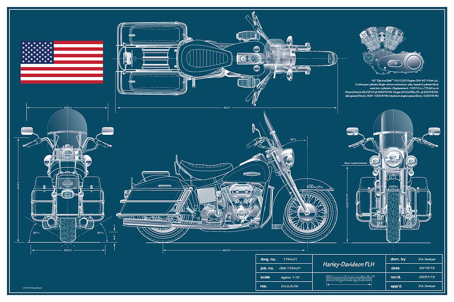 Harley Davidson FLH Classic Blueplanprint Digital Art by Douglas