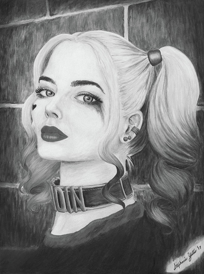 Harley Quinn Black and White Version Drawing by Stephanie Yates.