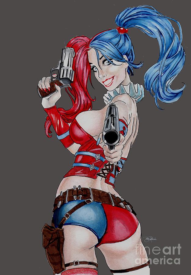 Harley Quinn with pistols Drawing by Bill Richards