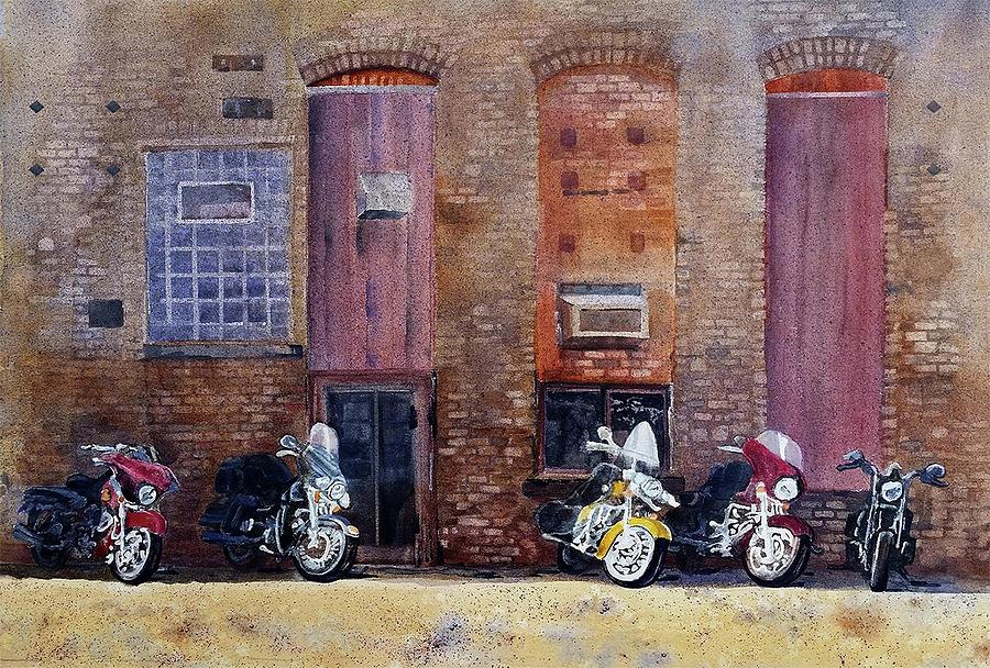 Motorcycle Painting - Harleys at Work by Lucy Lemay
