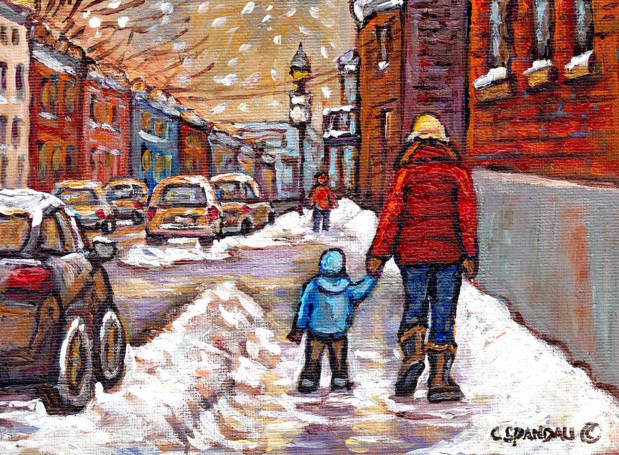 Original Montreal Street Scene Paintings For Sale Winter Walk After The Snowfall Best Canadian Art Painting by Carole Spandau