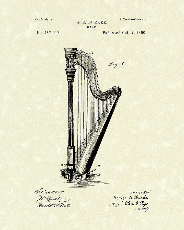 Musical Instrument Drawing - Harp 1890 Patent Art by Prior Art Design