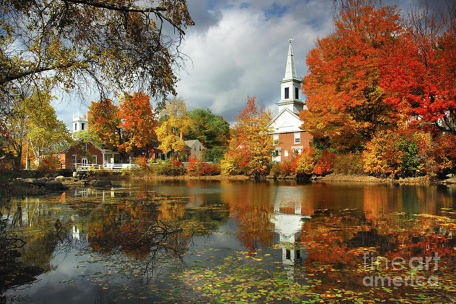 Fall Photograph - Harrisville New Hampshire - New England Fall Landscape white steeple by Jon Holiday