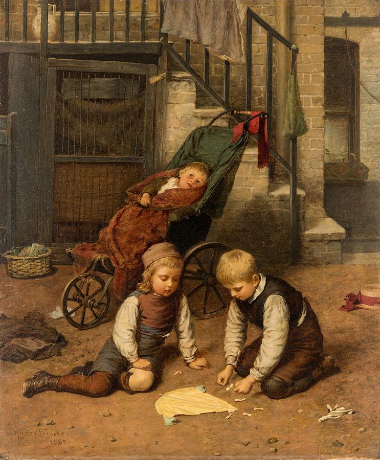HARRY BROOKER BRITISH 1848-1940 Children Playing in the Courtyard, 1885 Painting by Celestial Images