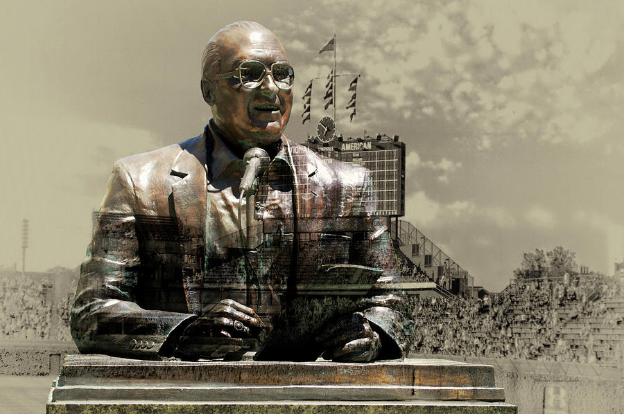 Ernie Banks Photograph - Harry Caray Statue With Historic Wrigley Scoreboard In Heirloom by Thomas Woolworth