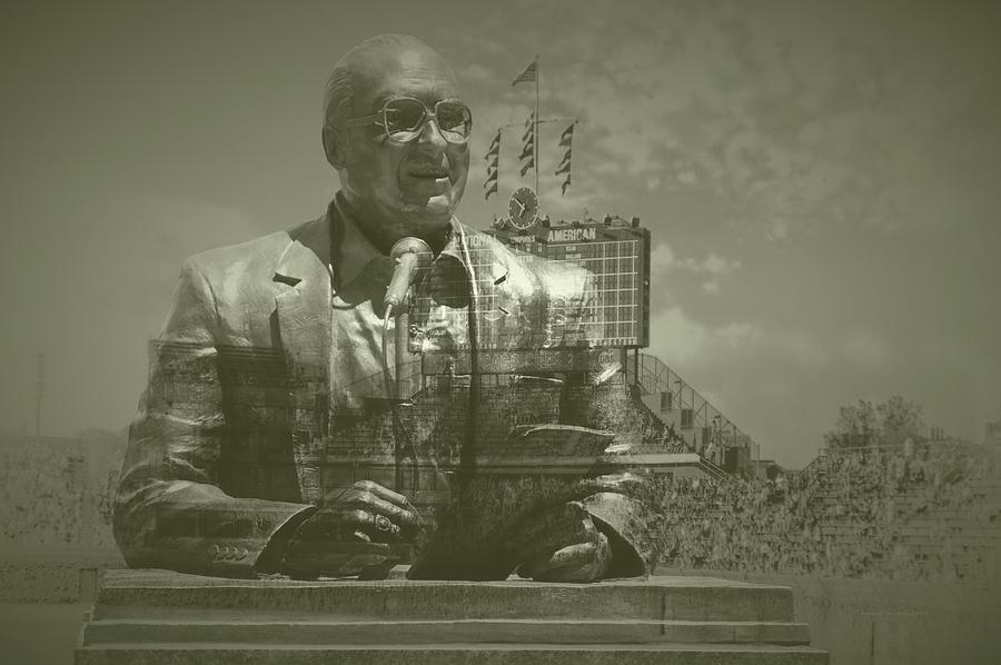 Harry Caray Statue With Historic Wrigley Scoreboard BW Photograph