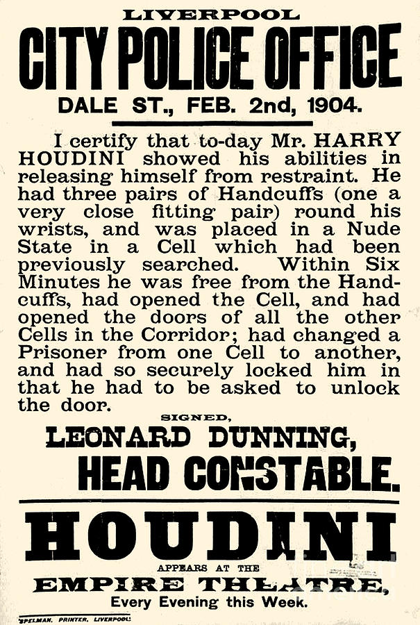 Harry Houdini Police statement, 1904 Drawing by English School