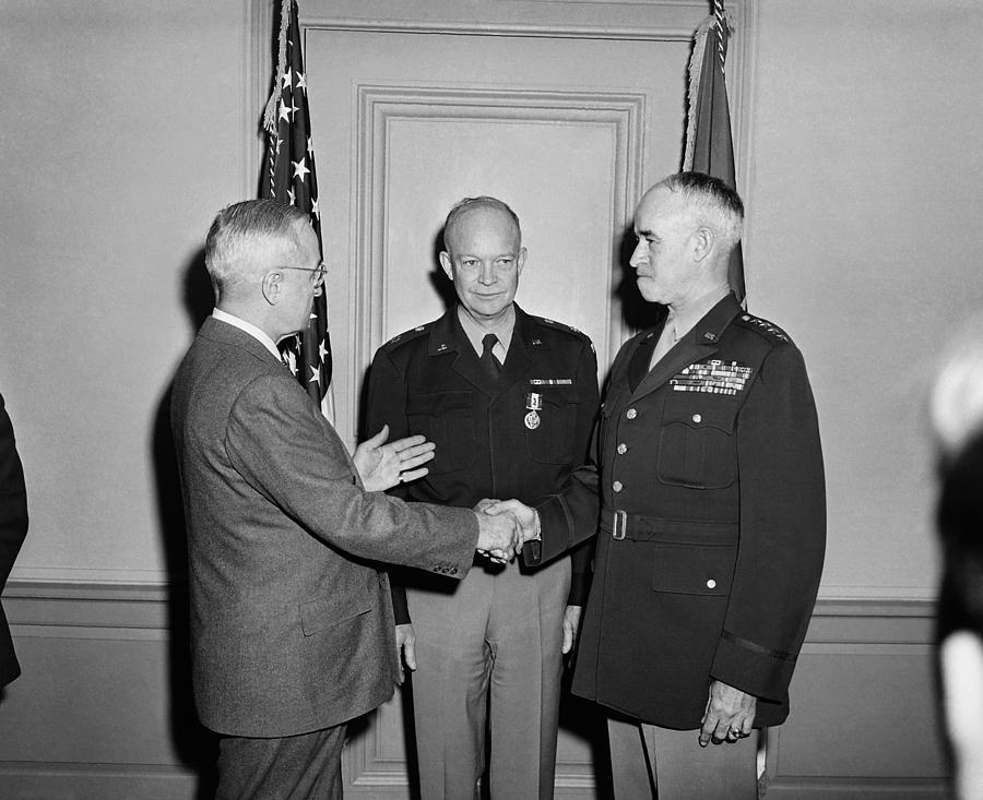 Harry Truman with Ike and Omar Bradley - 1948 Photograph by War Is Hell Store