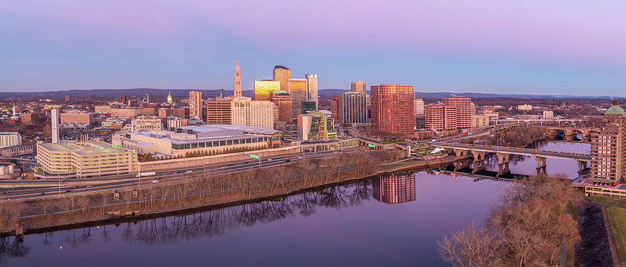 Hartford CT Pre-Dawn Skyline - Aerial Panorama Photograph by Mike Gearin