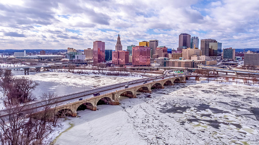 Hartford CT Winter Aerial with Connecticut River and Downtown Skyline