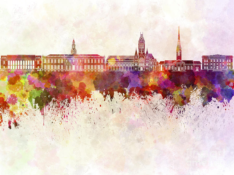 Harvard skyline in watercolor background Painting by Pablo Romero