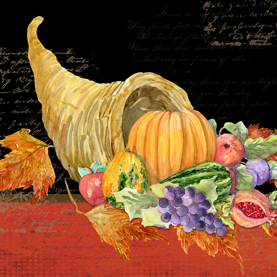 Harvest Cornucopia of Blessings - Pumpkin Pomegranate Grapes Apples Painting by Audrey Jeanne Roberts