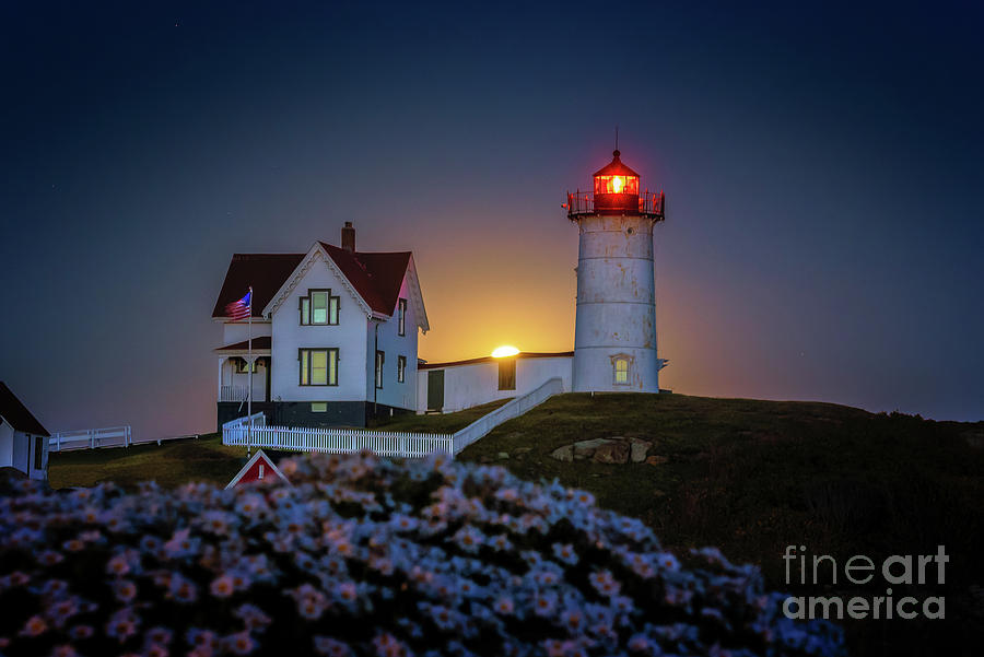 Christmas Photograph - Harvest Moon at Nubble by Scott Thorp