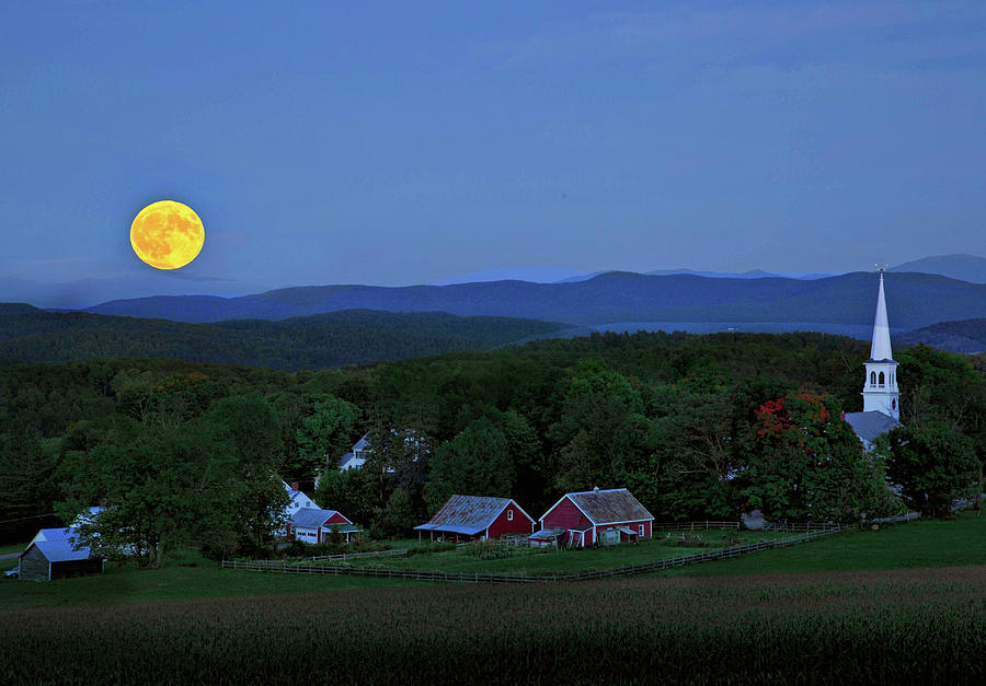 Harvest Moon Photograph - Harvest Moon Over Peacham Vermont by John Vose