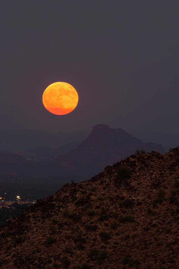 Harvest Supermoon Rise With Red Mountain Photograph by Cathy Franklin