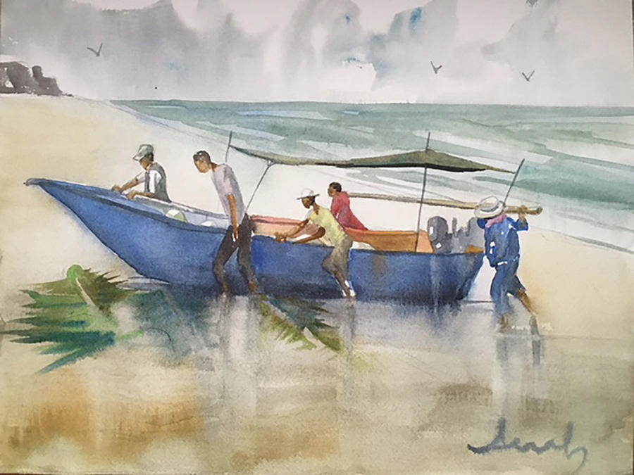 Boat Watercolor Painting - Sliding the Boat by Scott Serafy