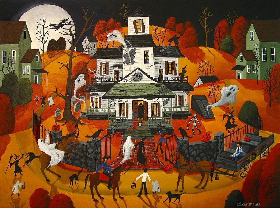 Haunted House - a folk art original - artist folkartmama Painting by Debbie Criswell