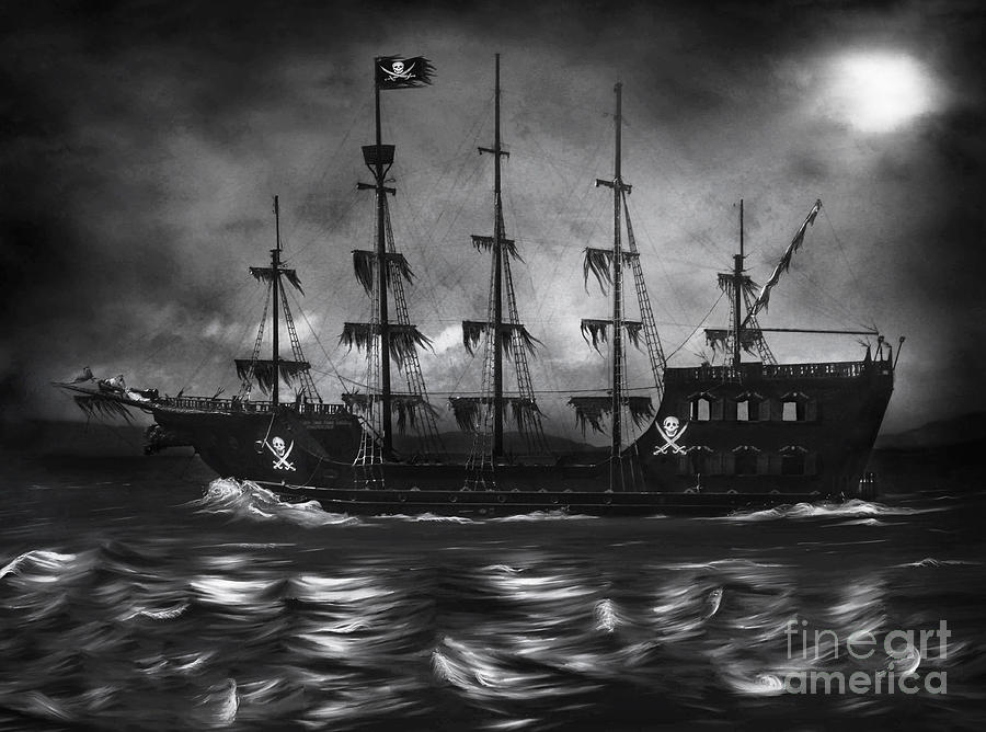 Black And White Painting - Haunted Pirate Ship by Lynn Jackson