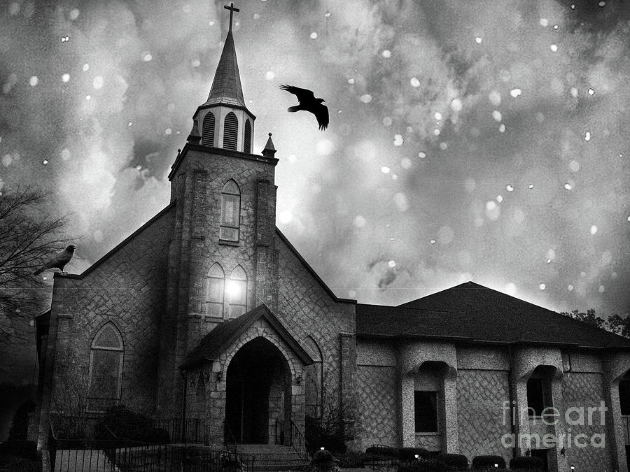 Haunting Spooky Gothic Black and White Church With Ravens Crows Photograph by Kathy Fornal