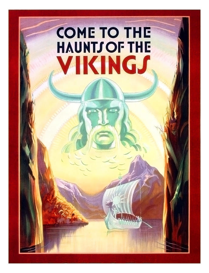 Vintage Painting - Haunts of the Vikings, Viking ship sail, travel Poster by Long Shot