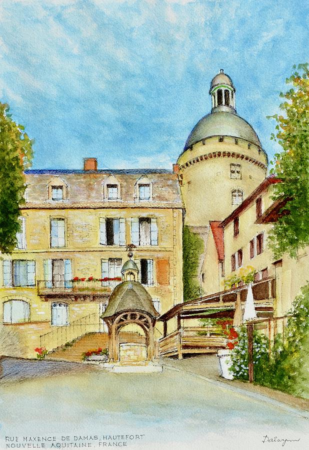 Hautefort chateau and village well Painting by Dai Wynn