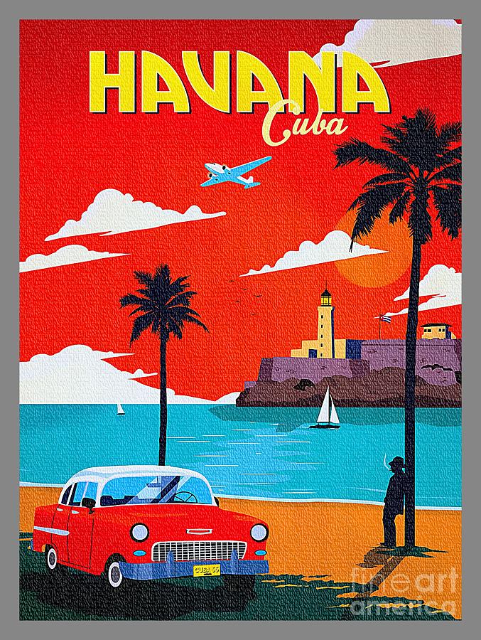 Havana Cuba - Vintage 1950s Painting by Ian Gledhill