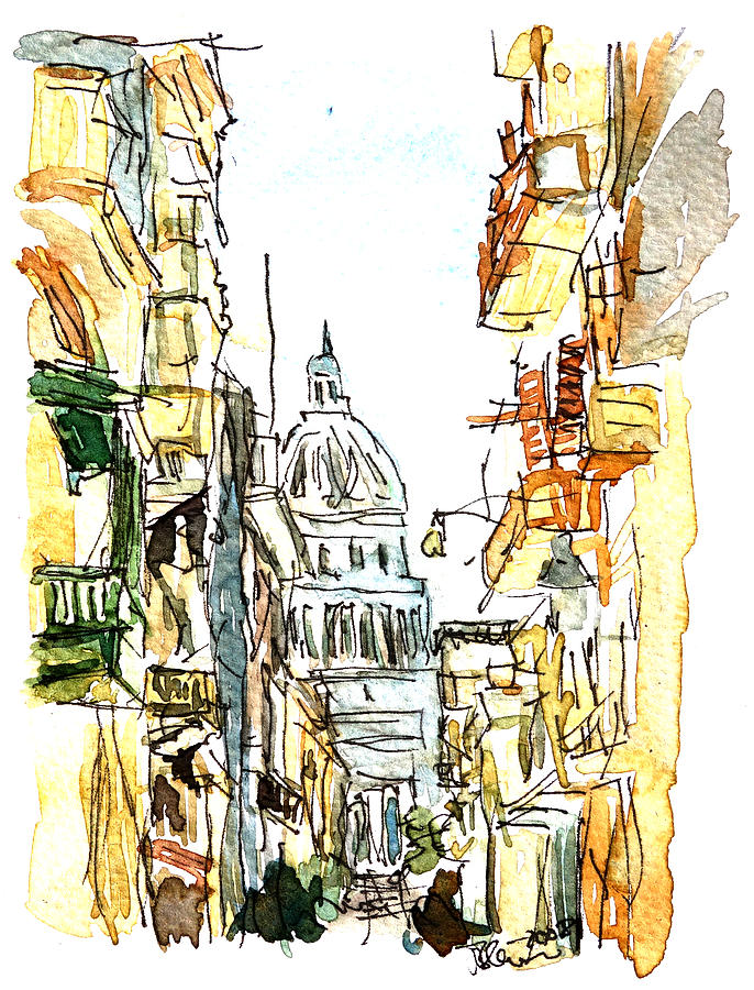 Havana Street View With Parliament Watercolor Painting