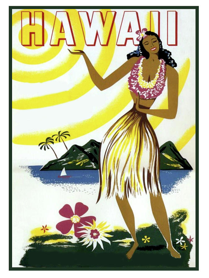 Vintage Painting - Hawaii, Hula girl, tropic beach, travel poster by Long Shot
