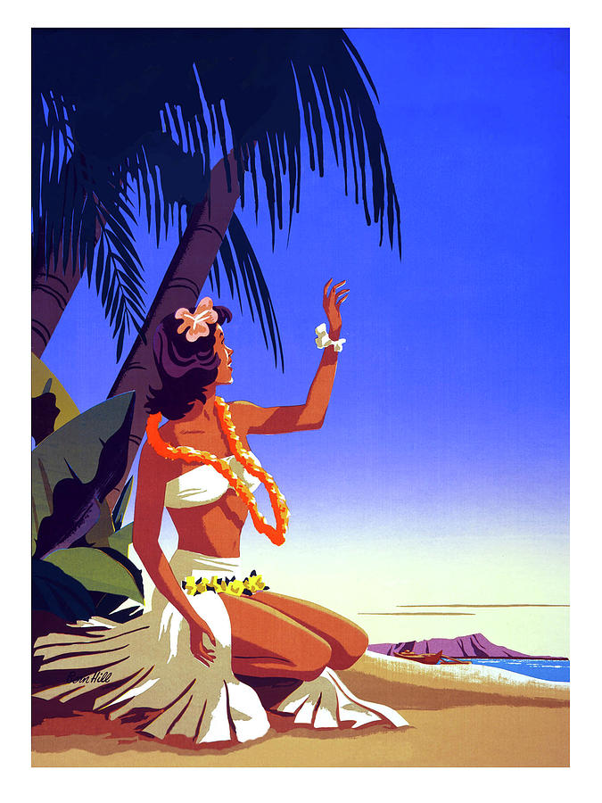 Sunset Painting - Hawaii, hula girl welcome, tropic beach by Long Shot
