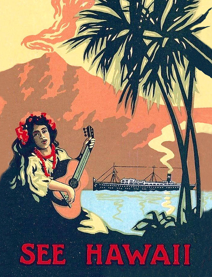 Summer Painting - Hawaii, Hula girl welcomes tourist ship with traditional music by Long Shot