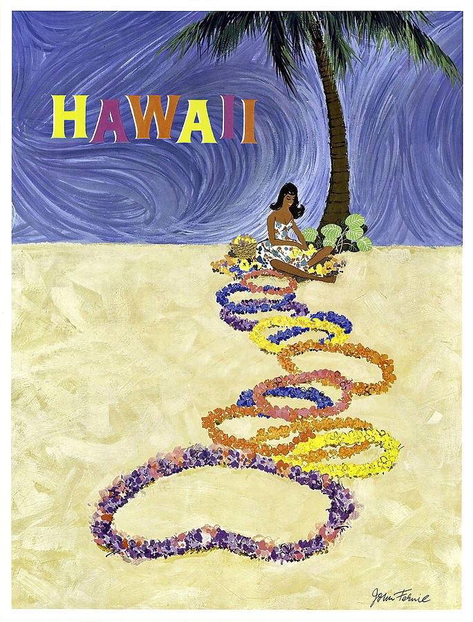 Hawaii, Hula girl with exotic flower wreaths under the palm tree Painting by Long Shot