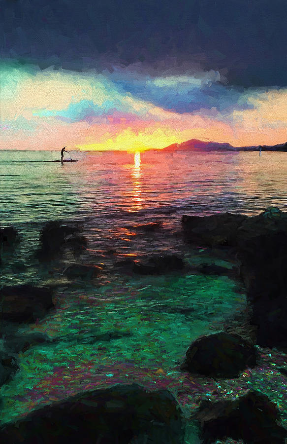 Sunset Painting - Hawaii Paddler by Vicki France