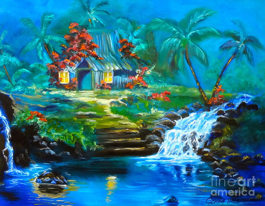 Hawaiian Hut and Waterfalls Painting by Jenny Lee