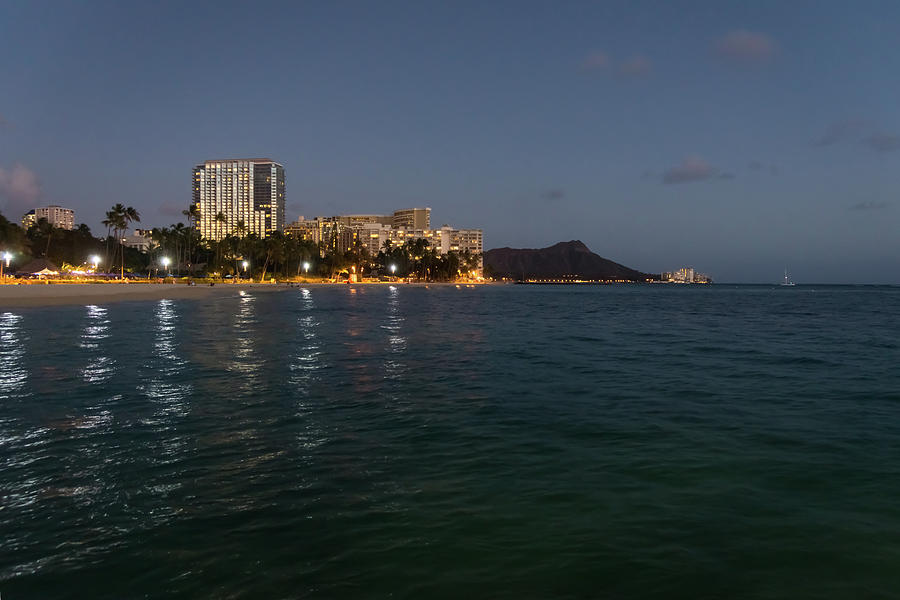 Hawaiian Lights - Waikiki Beach and Diamond Head Volcano Crater Photograph by Georgia Mizuleva